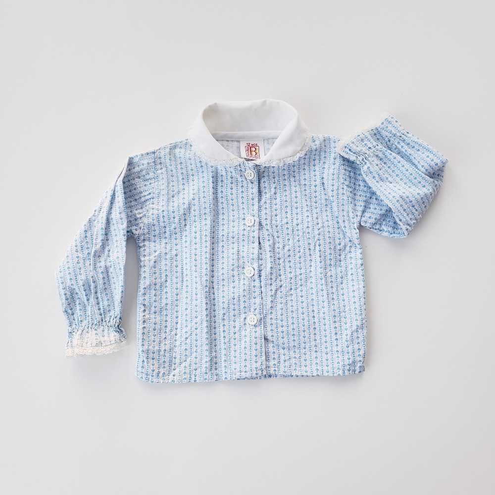 Vintage Baby Blue Hearts Blouse Top Buster Brown 12 Months Peter Pan Collar